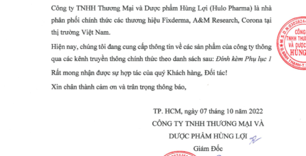 THƯ THÔNG BÁO VỀ VIỆC LIÊN QUAN ĐẾN CÁC KÊNH TRUYỀN THÔNG CHÍNH THỨC HULO PHARMA